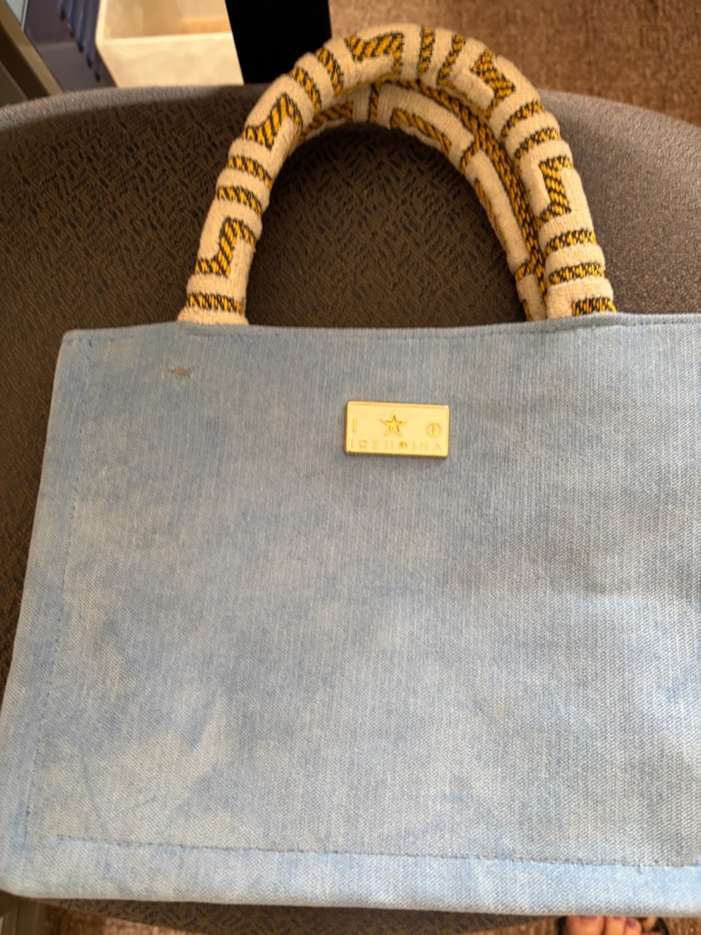Light Blue Canvas Tote Bag with Patterned Handles